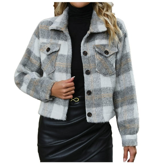 LYXSSBYX Winter Shackets for Women Clearance Women's Checkered Long Sleeved Lapel Pocket Woolen Loose Coat Top