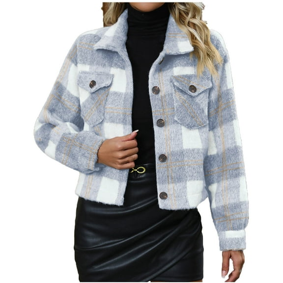 LYXSSBYX Winter Shackets for Women Clearance Women's Checkered Long Sleeved Lapel Pocket Woolen Loose Coat Top