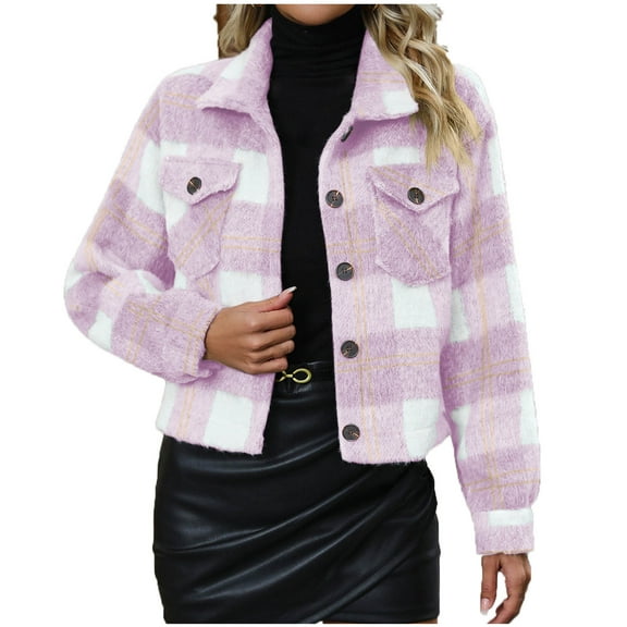 LYXSSBYX Winter Shackets for Women Clearance Women's Checkered Long Sleeved Lapel Pocket Woolen Loose Coat Top
