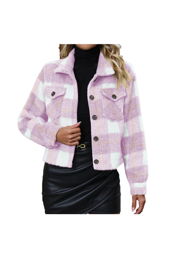 Winter Shackets for Women Clearance Women's Checkered Long Sleeved Lapel Pocket Woolen Loose Coat Top