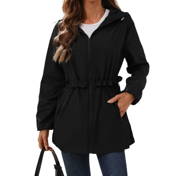 LYXSSBYX Women Cinched Ruffle Waist Hooded Rain Jacket, Lightweight Water Repellent Mid-Length Windbreaker with Zipper Side Pockets