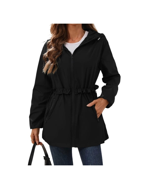 Women Cinched Ruffle Waist Hooded Rain Jacket, Lightweight Water Repellent Mid-Length Windbreaker with Zipper Side Pockets