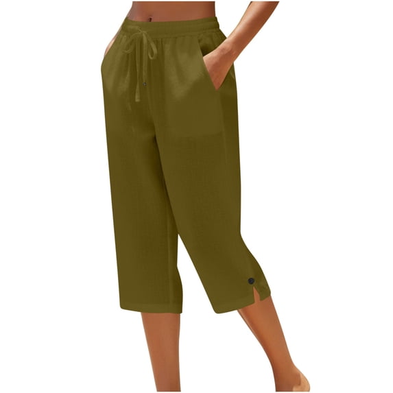LYXSSBYX Women Cotton Linen Drawstring Elastic Waist Capri Pants, Loose Straight Cropped Trousers with Side Pockets & Button Slit Hem