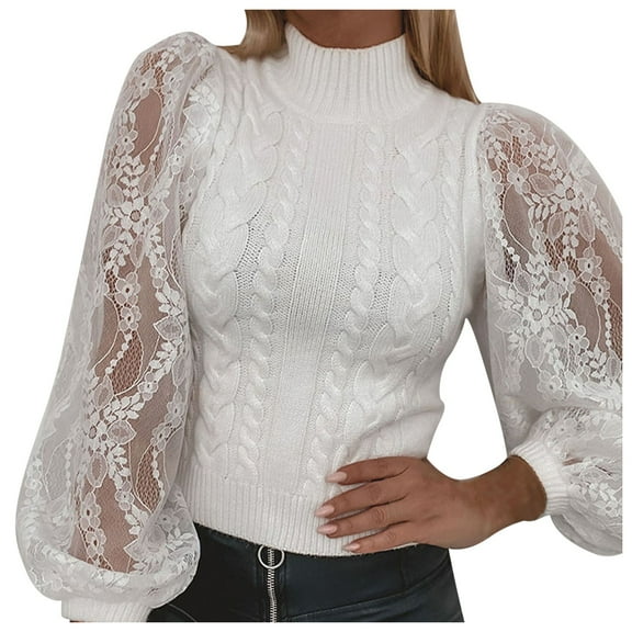 LYXSSBYX Women Fall Sweaters Dress for Women 2022 Hot Sale Clearance Women O-Neck Loose Casual Solid Stitching Long-Sleeved Knitted Lace Sweater