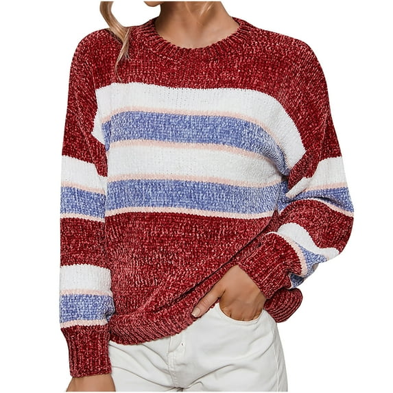 LYXSSBYX Women Fall Sweaters Dress for Women 2022 Hot Sale Clearance Women's Fashion Casual Round Neck Striped Long Sleeve Pullover Sweater