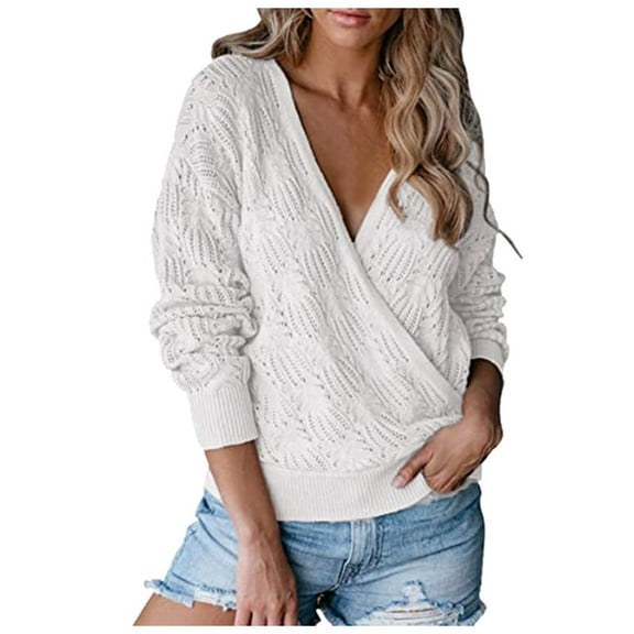LYXSSBYX Women Fall Sweaters for Women 2022 Hot Sale Clearance Women’s Deep V-neck Wrap Sweater Long-sleeved Crochet Pullover