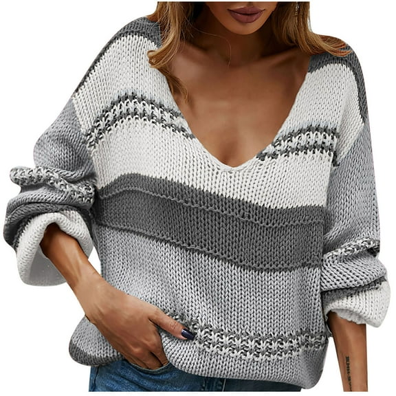 LYXSSBYX Women Fall Sweaters for Women 2022 Hot Sale Clearance Women's Fashion Sweater Coat Top V-neck Loose Long Sleeve Patchwork Coat