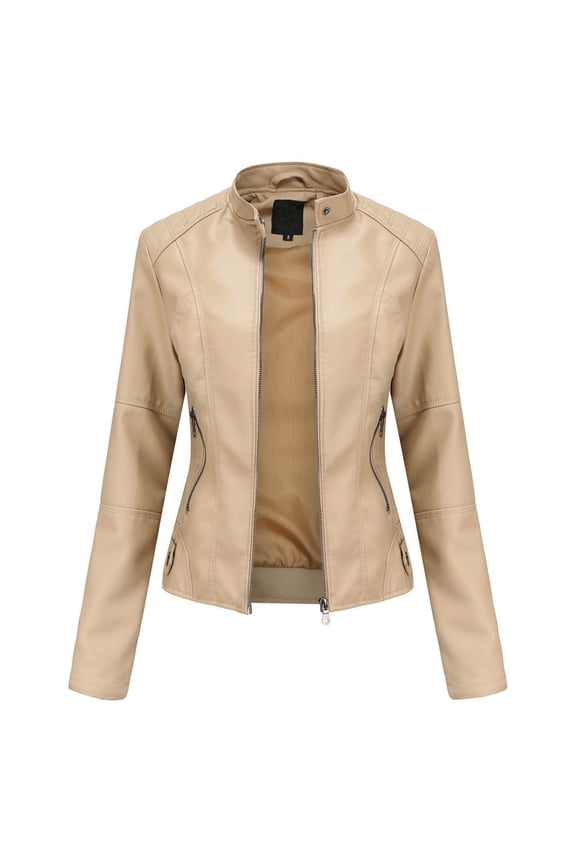 Women Long Sleeve Shacket Jacket Hot Sale Clearance New Women's Slim Leather Stand-Up Collar Zipper Stitching Solid Color Jacket