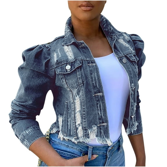 LYXSSBYX Women Long Sleeve Shacket Jacket Hot Sale Clearance Street Short Lapel Frayed Breasted Denim Puff Sleeve Slim Denim Jacket