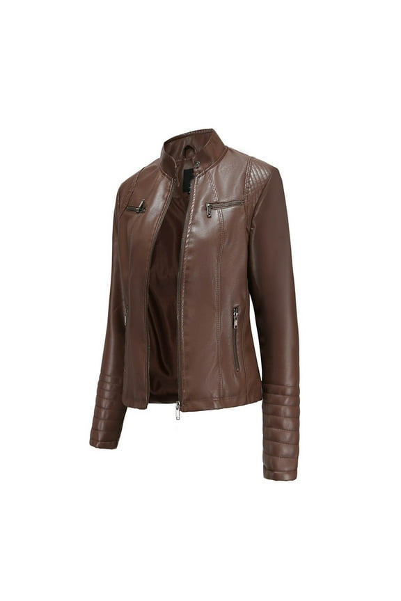 Women Long Sleeve Shacket Jacket Hot Sale Clearance Women's Slim-Fit Leather Stand-Up Collar Zipper Motorcycle Suit Thin Coat Jacket