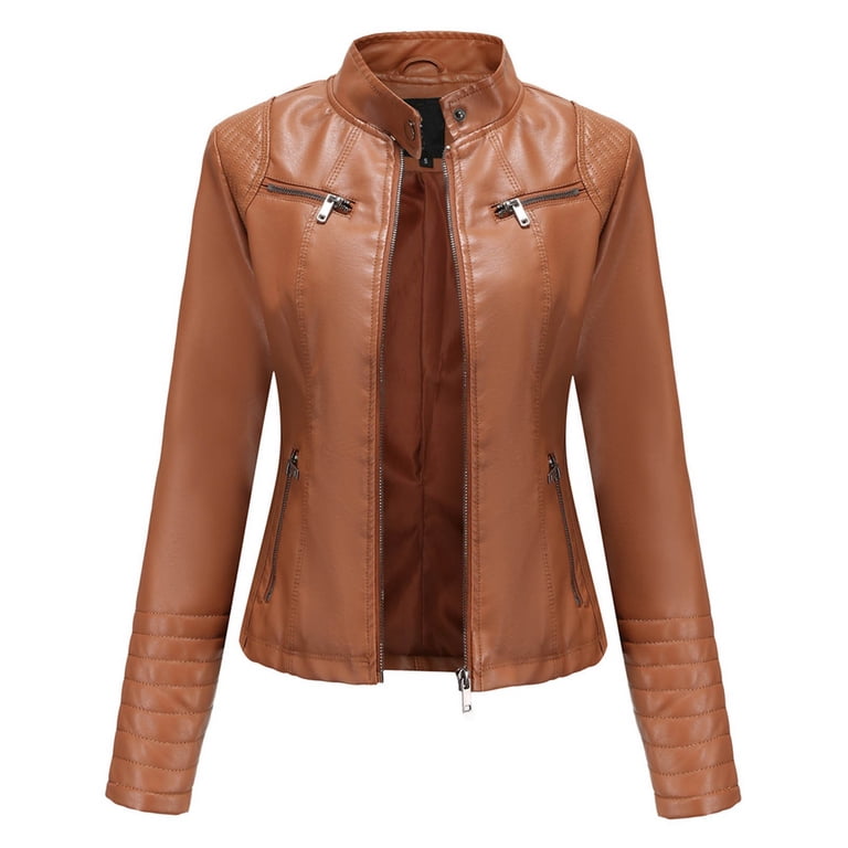 LYXSSBYX Women Long Sleeve Shacket Jacket Hot Sale Clearance Women's Slim-Fit Leather Stand-Up Collar Zipper Motorcycle Suit Thin Coat Jacket