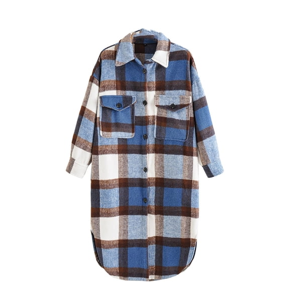 LYXSSBYX Women Long Sleeve Shacket Jacket Hot Sale Clearance Womens Plaid Long Wool Blend Coat Button Down Casual Boyfriend Flannel Shirts
