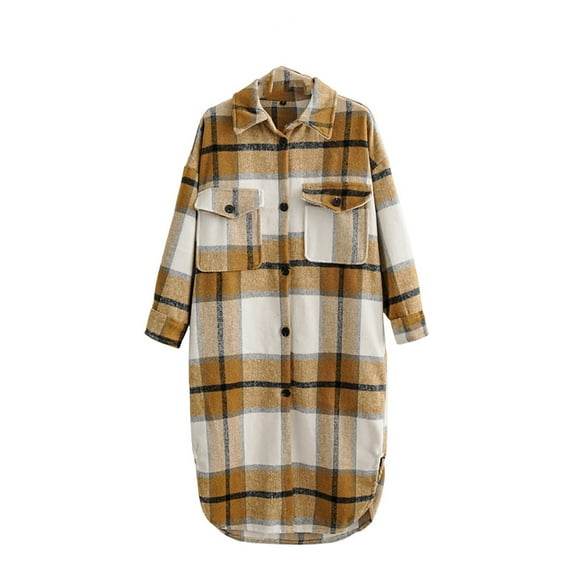 LYXSSBYX Women Long Sleeve Shacket Jacket Hot Sale Clearance Womens Plaid Long Wool Blend Coat Button Down Casual Boyfriend Flannel Shirts