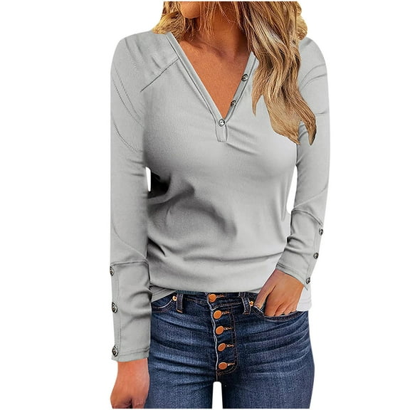LYXSSBYX Women Long Sleeve Tops Fashion Woman V-Neck Long Sleeve T-Shirt Autumn Solid Loose Blouse Tops
