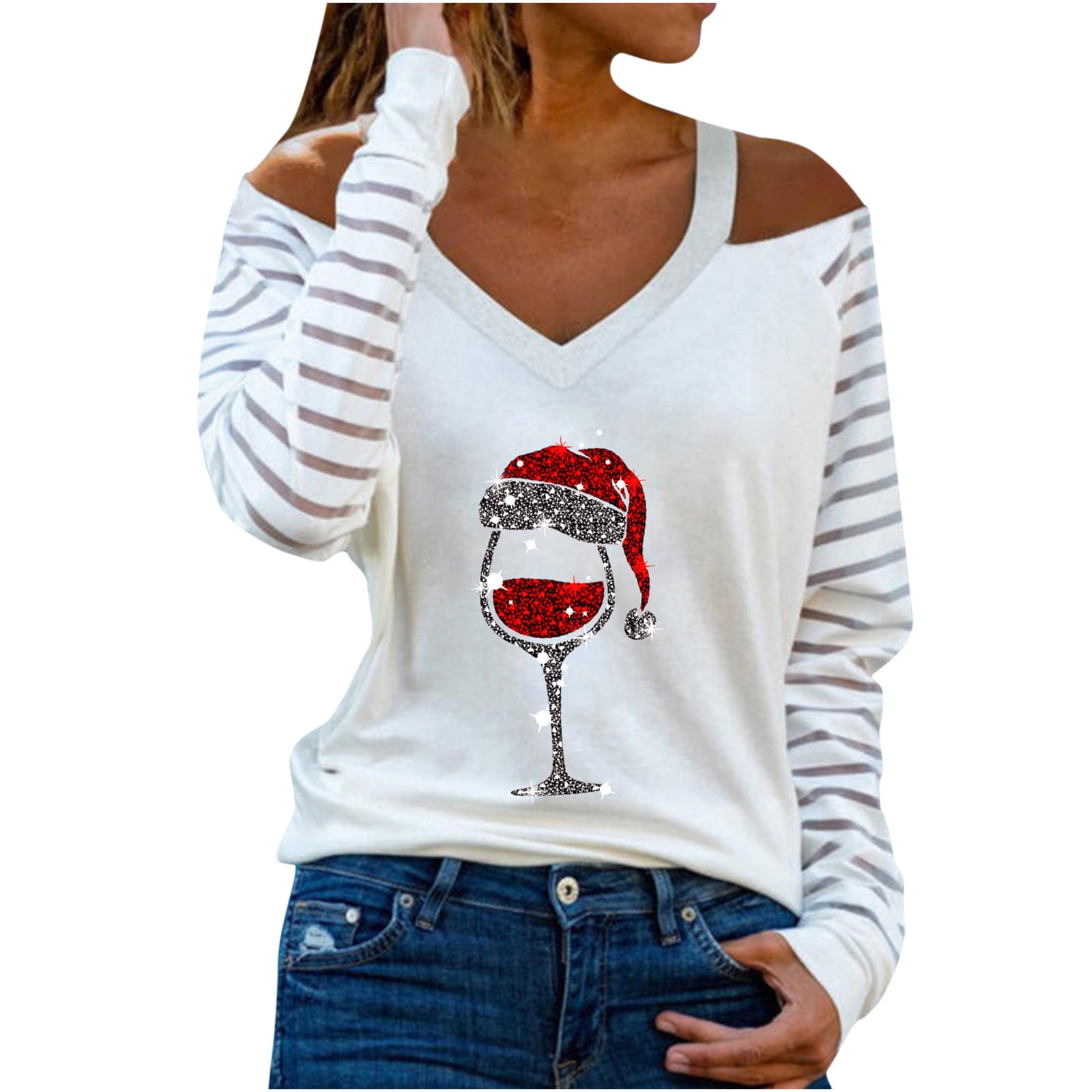 LYXSSBYX Women Long Sleeve Tops Hot Sale Clearance Fashion Woman V-Neck Long Sleeve T-Shirt Autumn Printing Cold Shoulder Loose Blouse Tops