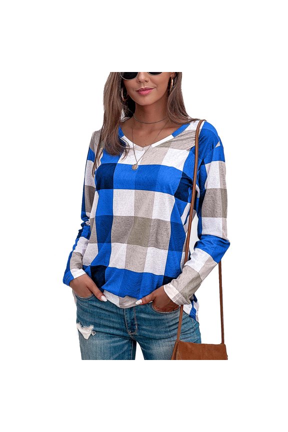 Women Long Sleeve Tops Fashion Women's Casual Lattice Printed Long Sleeve V-Neck Tunic Blouse Tops