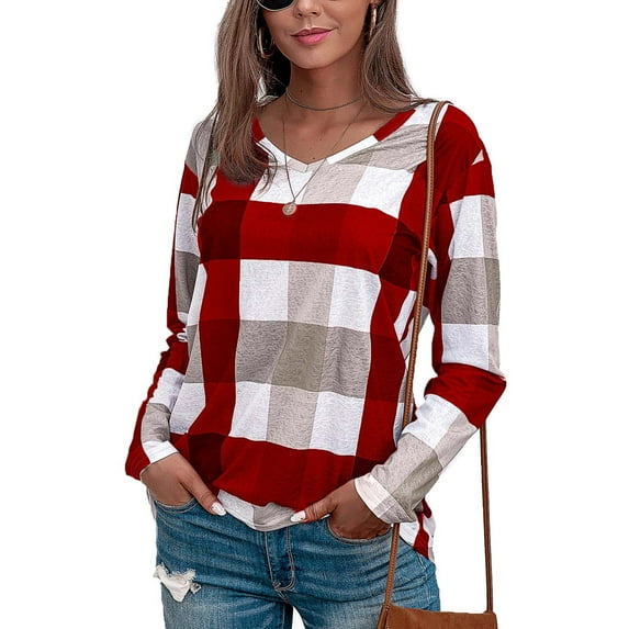 LYXSSBYX Women Long Sleeve Tops Hot Sale Clearance Fashion Women's Casual Lattice Printed Long Sleeve V-Neck Tunic Blouse Tops