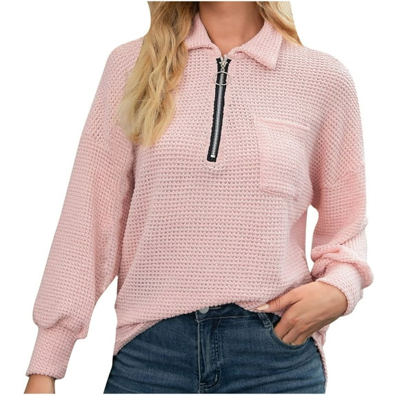 LYXSSBYX Women Long Sleeve Tops Hot Sale Clearance Ladies Fashion Casual V-neck Zipper Solid Color Pocket Long Sleeve Loose Top