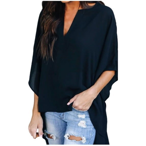 LYXSSBYX Women Long Sleeve Tops Hot Sale Clearance Women Solid Short Front Long Back Thin Long Sleeve V-Neck Shirt Blouse Top