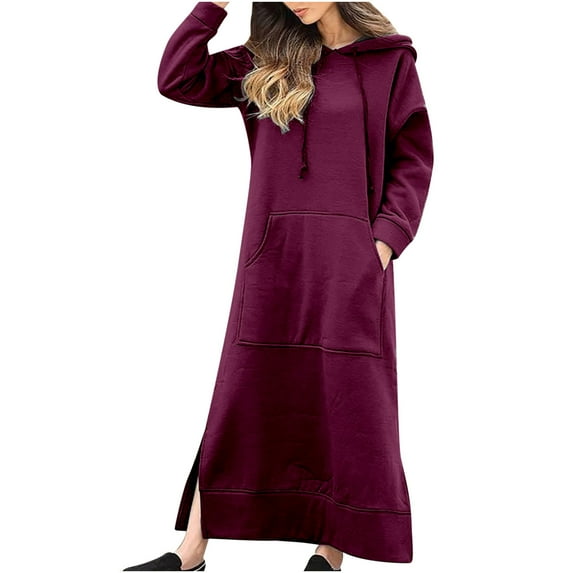 LYXSSBYX Women Plus Size Women's Fashion Round Neck Winter Warm Color Long Sleeve Pocket Long Dress