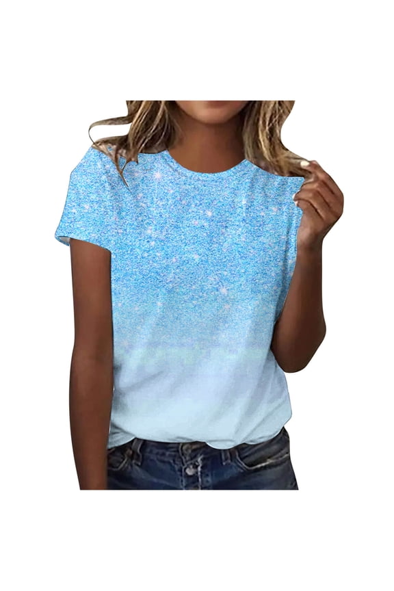 Women Short Sleeve Plus Size Tunics Women's Casual Sparkling Crystal Printed Round Neck Short Sleeved Top