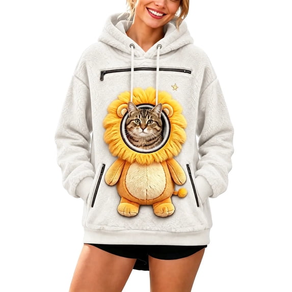 LYXSSBYX Women's Cute Lion Fleece Hoodie with Pet Pouch Cat Dog Carrier Sherpa Pullover Sweatshirt