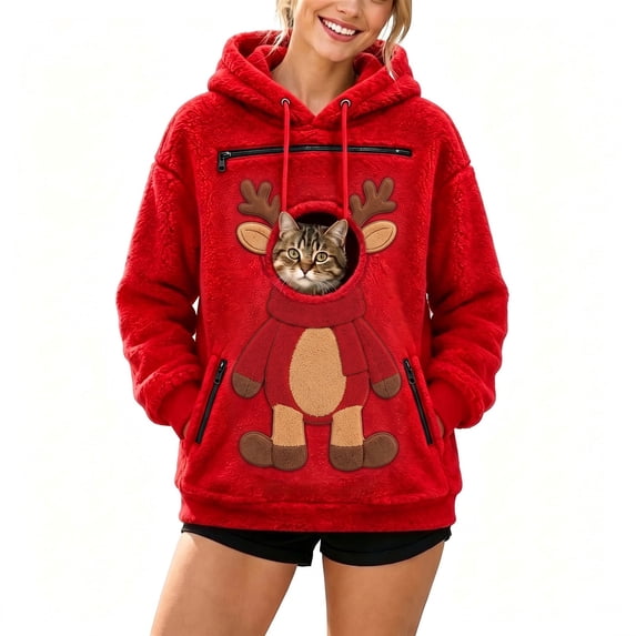 LYXSSBYX Women's Cute Reindeer Fleece Hoodie with Pet Pouch Christmas Cat Dog Carrier Sherpa Pullover Sweatshirt