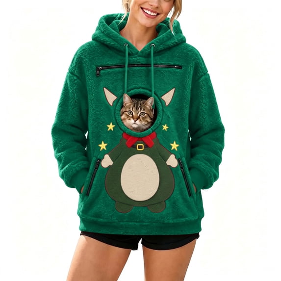 LYXSSBYX Women's Fleece Hoodie with Pet Pouch Christmas Cat Dog Carrier Sherpa Pullover Sweatshirt