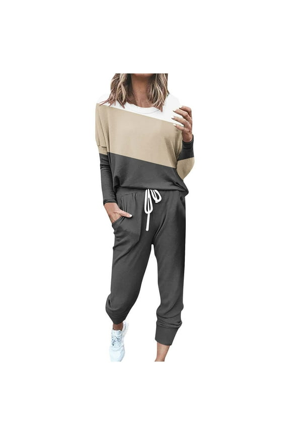 Womens 2 Piece Outfits for Fall Clearance Women's Fashionable Loose Fitting Color Matching Long Sleeved Casual Set