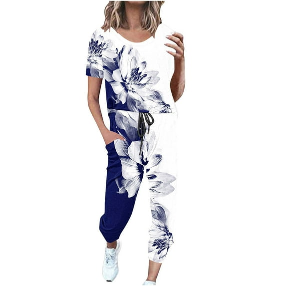 LYXSSBYX Womens 2 Piece Outfits for Summer Short Sleeves Fashion Women Summer Printing Button Casual Short SLeeve Top+ Pant Set
