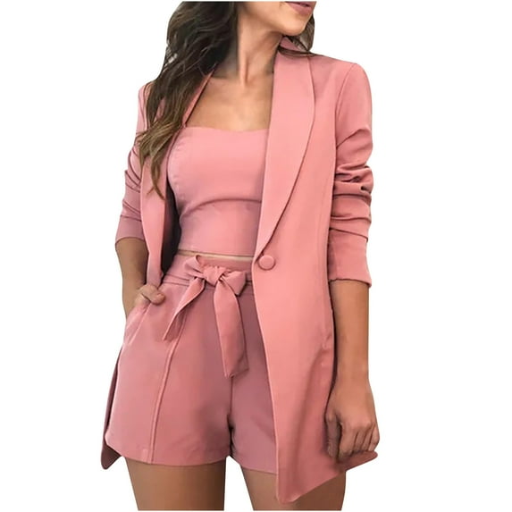 LYXSSBYX Womens 2 Piece Outfits for Summer Women's Casual Sets Solid Three-Piece Suit With Vest + Suit Jacket + Shorts