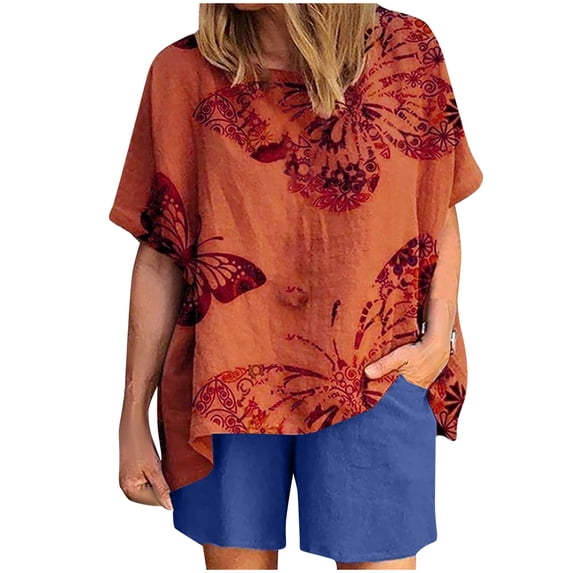 LYXSSBYX Womens 2 Piece Pajamas Shorts Clearance 2PC Women Casual Summer Sports Suit Round Neck Print Short Sleeve Solid Shorts Set