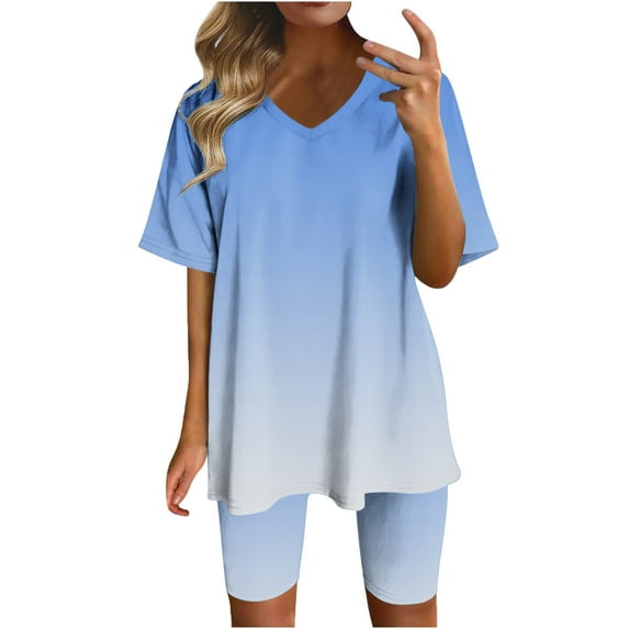LYXSSBYX Womens 2 Piece Shorts Outfit Women Fashion V-Neck Blouse Short Sleeve Tops Shorts Casual Suit Sets