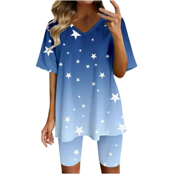 LYXSSBYX Womens 2 Piece Shorts Outfit Women Fashion V-Neck Blouse Short Sleeve Tops Shorts Casual Suit Sets