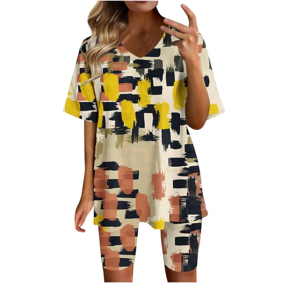 LYXSSBYX Womens 2 Piece Shorts Outfit Women Fashion V-Neck Blouse Short Sleeve Tops Shorts Casual Suit Sets
