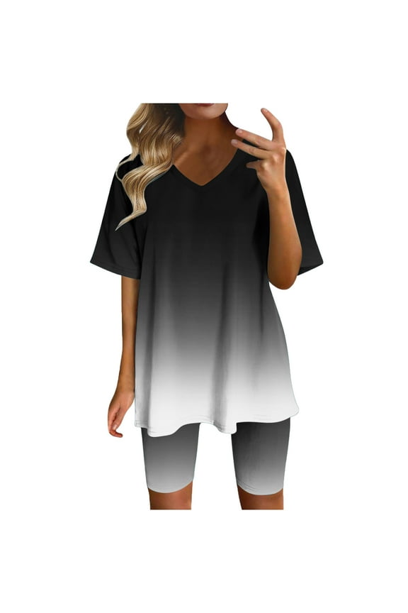 Womens 2 Piece Shorts Outfit Women Fashion V-Neck Blouse Short Sleeve Tops Shorts Casual Suit Sets