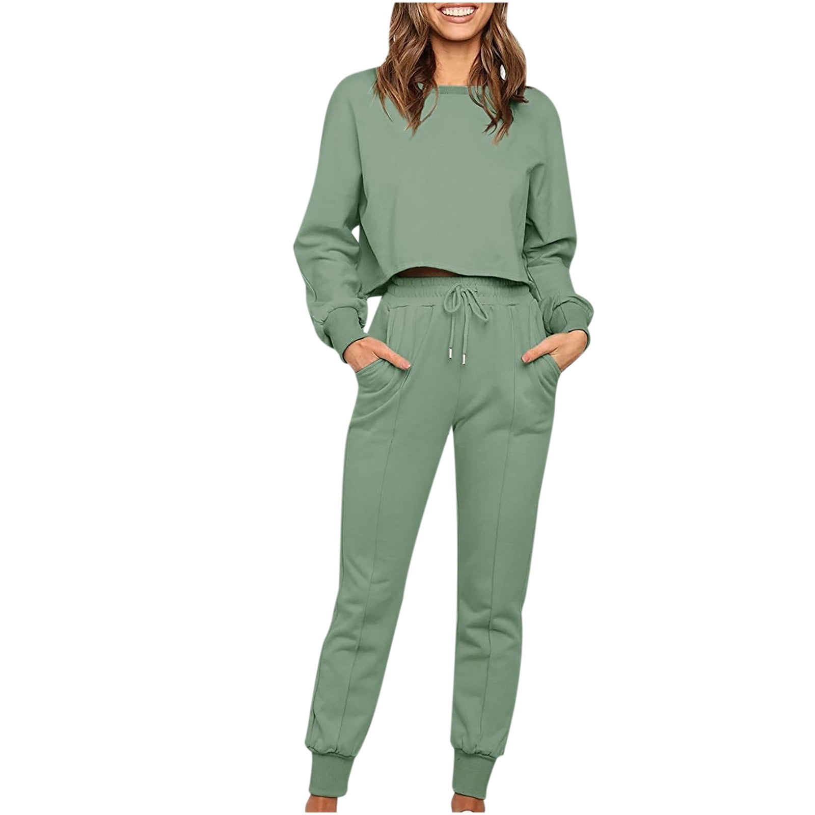 LYXSSBYX Womens 2 Piece Sweat Suits Sets Womens Solid Color Long Sleeve ...