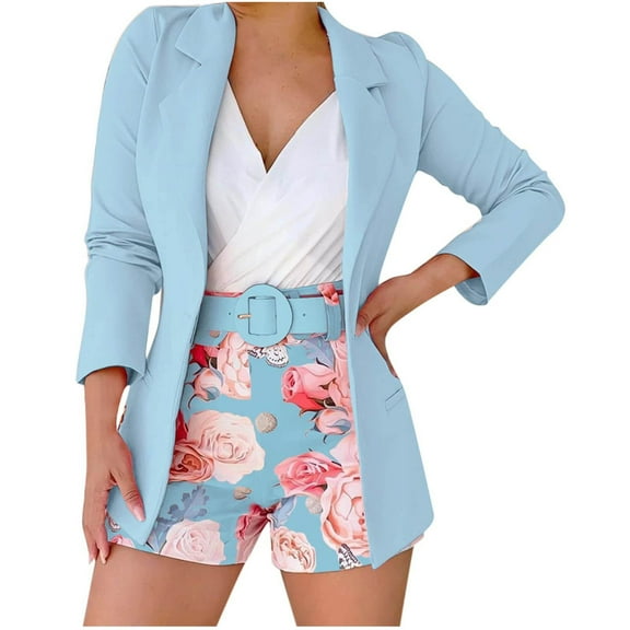 LYXSSBYX Womens Blazer Jacket with Shorts Women Solid Long Sleeve Cardigan Coat Pocket Shorts Suit