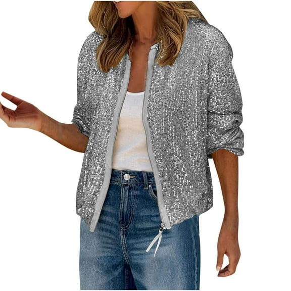 LYXSSBYX Womens Bomber Jacket Casual Coat Zip Up Women's Casual Hoodless Long-Sleeved Sequin Jacket