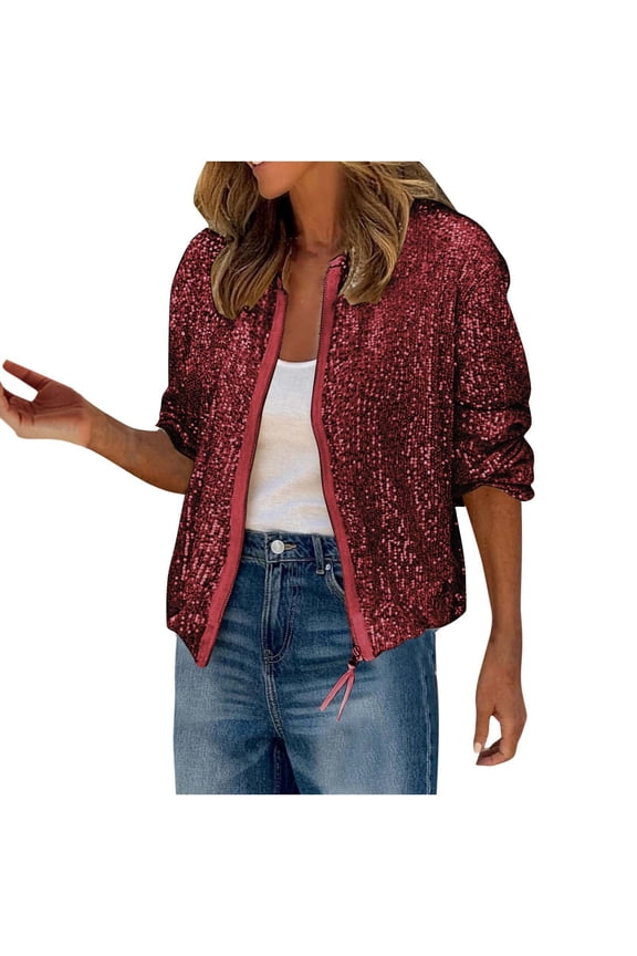 Womens Bomber Jacket Casual Coat Zip Up Women's Casual Hoodless Long-Sleeved Sequin Jacket