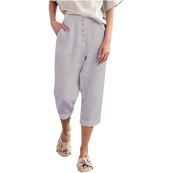 LYXSSBYX Womens Capris with Pockets Women Casual Solid High Waist Loose Pocket Straight Buttons Long Pants
