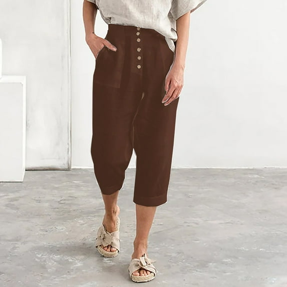 LYXSSBYX Womens Capris with Pockets Women's Fashion Solid Color Comfortable Casual Pocket Cotton and Linen Capris