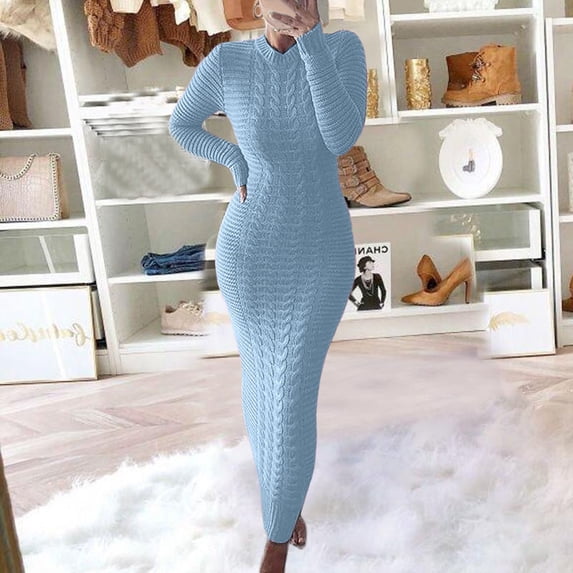 LYXSSBYX Womens Casual Dresses with Sleeves Women Casual Solid Knitting Slimming Hip Wrap Long Sleeve Round-Neck Sweaters Dress
