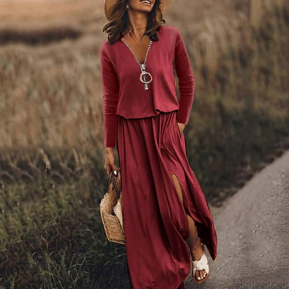 LYXSSBYX Womens Casual Dresses with Sleeves Women's Casual Waistband Long Sleeved Dress with Zipper Pure V-Neck Dress