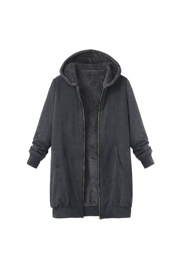 Womens Coats and Jackets Women Plus Size Fashion Vintage Solid Fleece Hooded Zipper Long Sleeve Thick Coat Tops