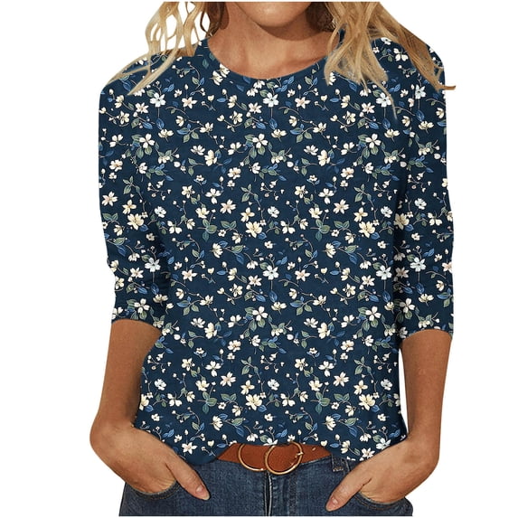LYXSSBYX Womens Crew Neck 3/4 Sleeve Print Casual Tee, Loose Fit Lightweight Basic Daily T-Shirt