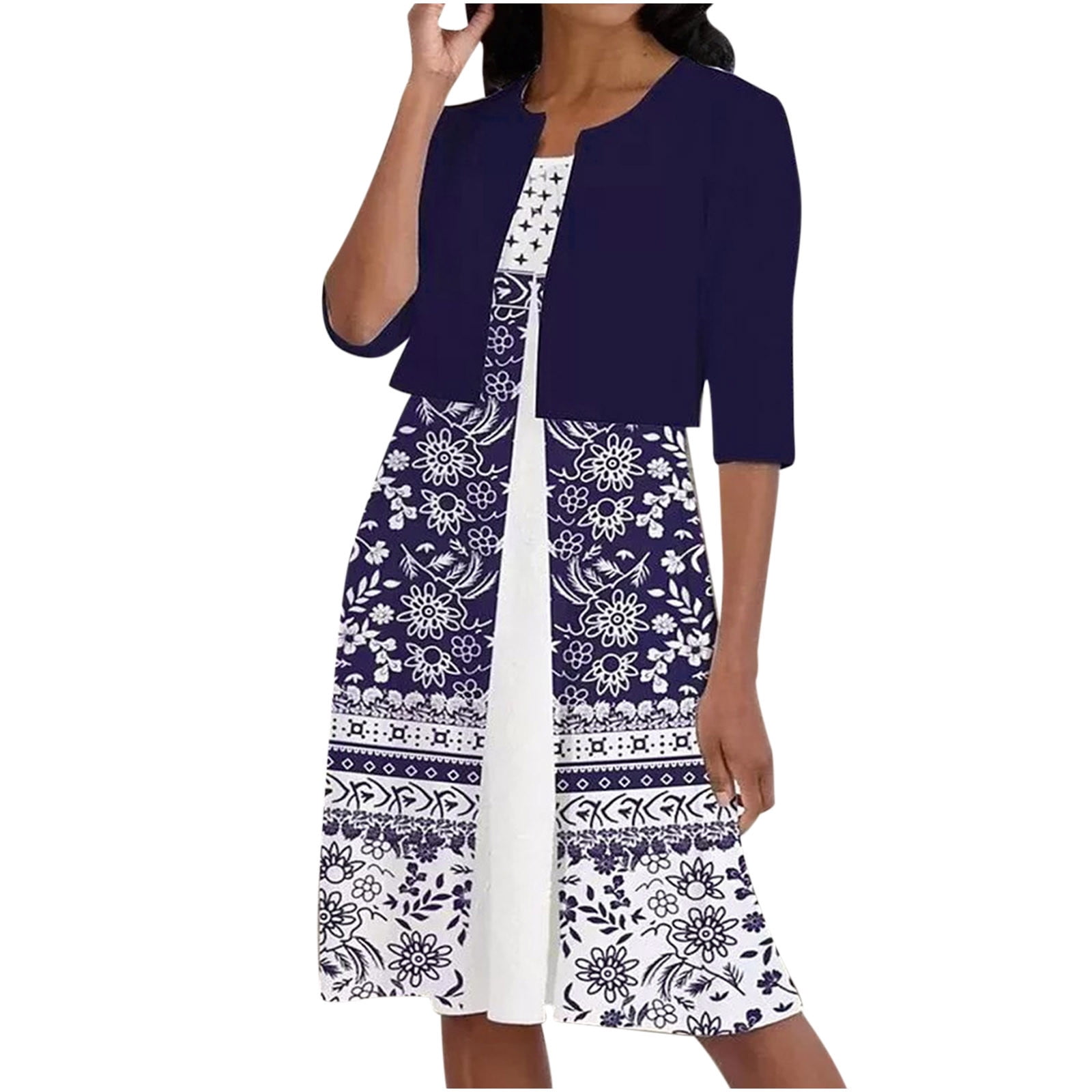 Lyxssbyx Womens Dresses with Jackets 2 Piece Sets Two-Piece Women's Summer Printed Round Neck Elegant A Line Sling Dress and Half Sleeve Cardigan Tops