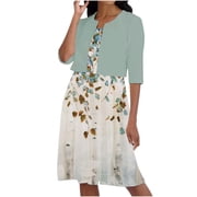 LYXSSBYX Womens Dresses with Jackets 2 Piece Sets Two-Piece Women's Summer Printed Round Neck Elegant A Line Sling Dress and Half Sleeve Cardigan Tops Set Suit