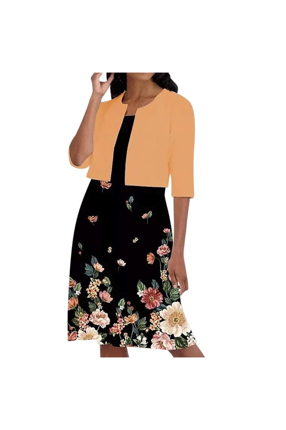 Womens Dresses with Jackets 2 Piece Sets Two-Piece Women's Summer Printed Round Neck Elegant A Line Sling Dress and Half Sleeve Cardigan Tops Set Suit
