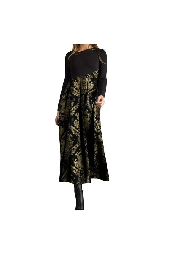 Womens Dresses Long Sleeve Women Autumn and Winter Casual Slim Long-Sleeved Long Bohemian Printed Dress, Fall Dresses for Women